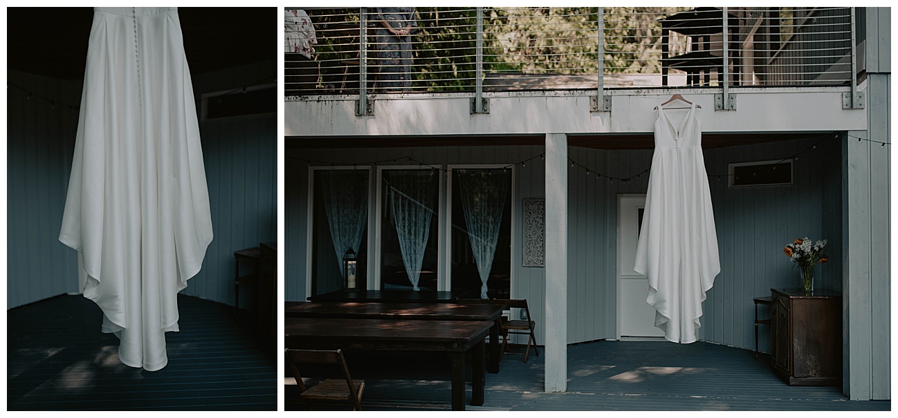 brides white wedding dress hanging on outdoor porch