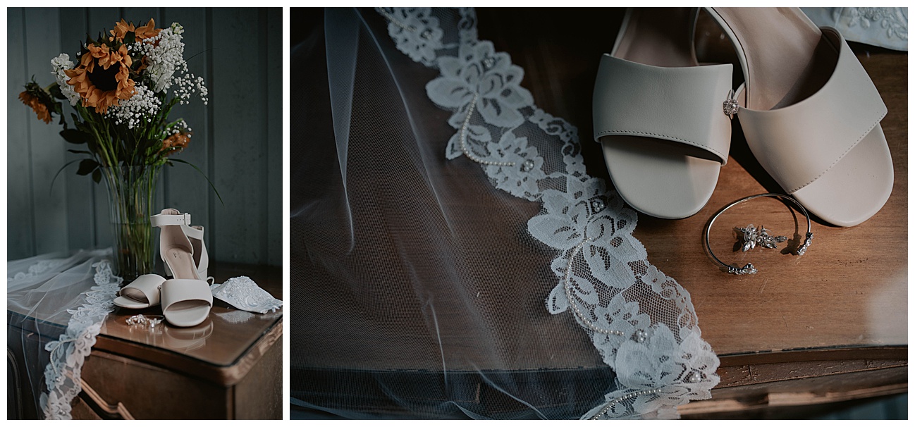 lace white veil and wedding day heels at air bnb wedding