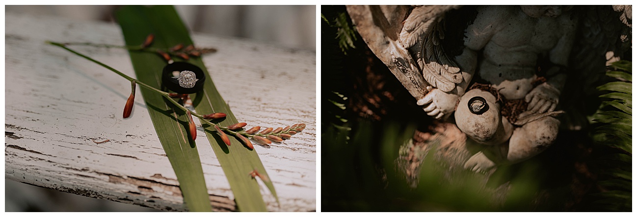 bride and grooms wedding rings in garden on bainbridge island 