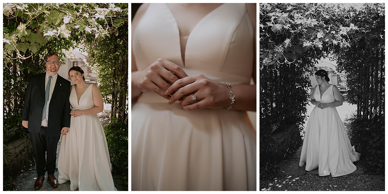 brides white classic wedding dress and wedding ring on her hands