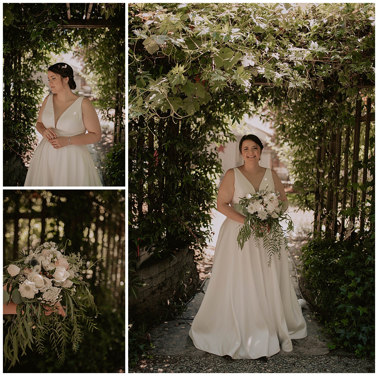 bride with all white and green wedding bouquet on wedding day in bainbridge island 