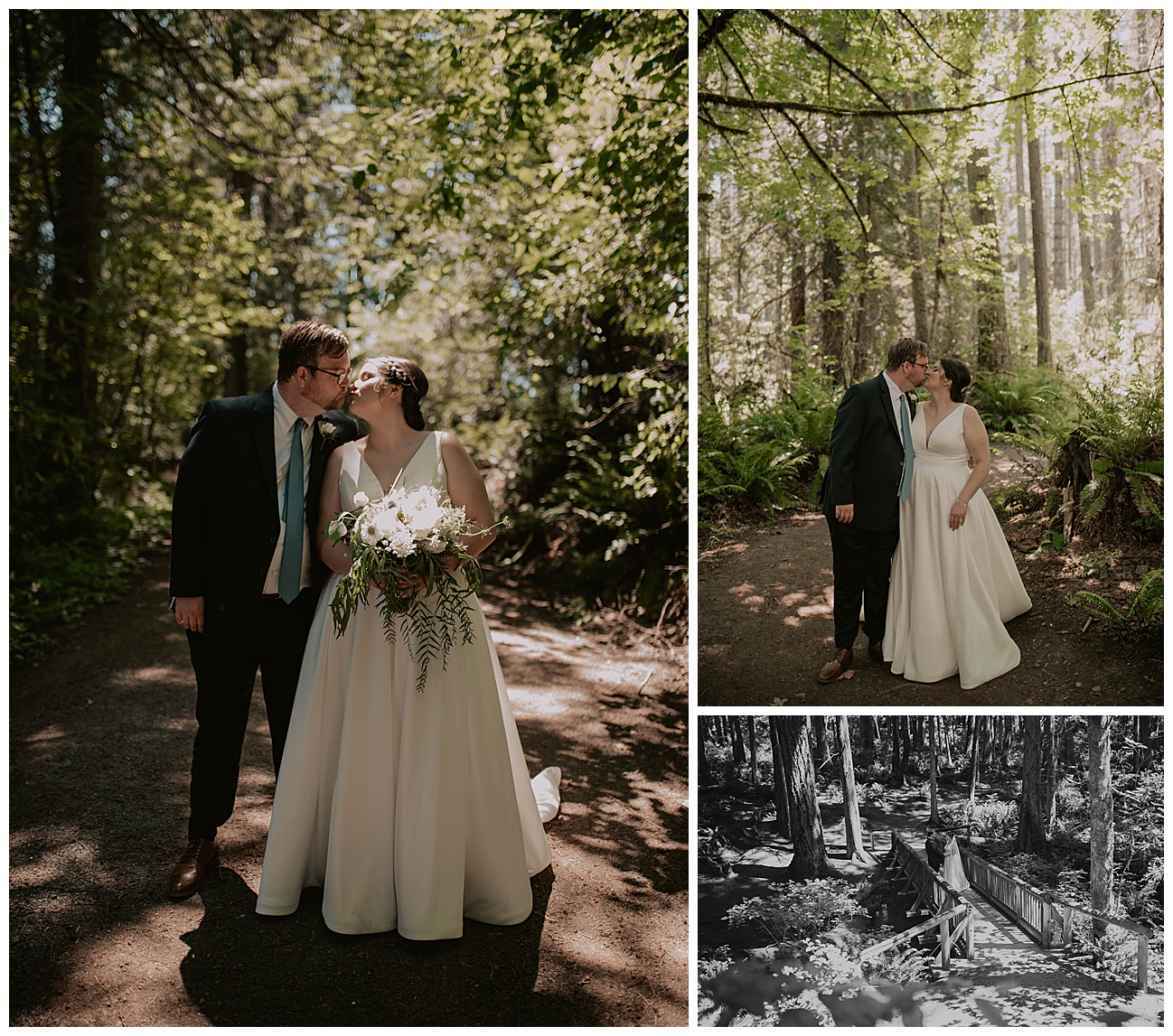 couple in wedding attire walking in the forest on wedding day in bainbridge island