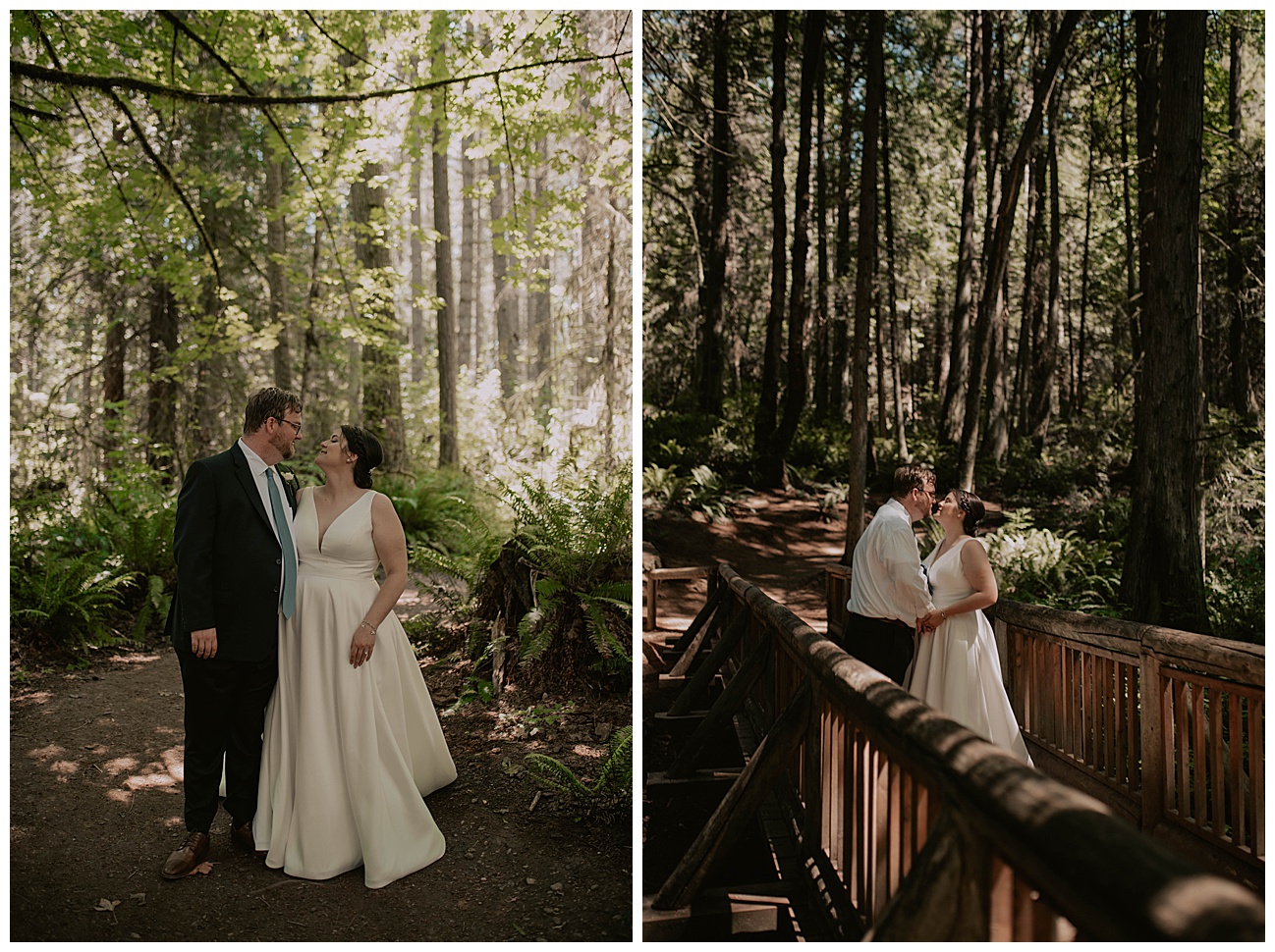 bride and groom in the middle of the forested on bridge looking into each other eyes, bainbridge island wedding photographer