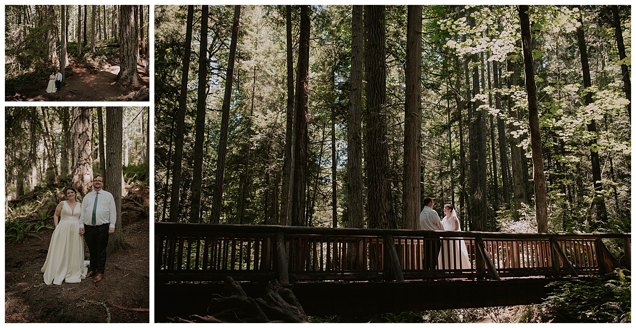 bride and groom standing on bridge in the forest on bainbridge island
