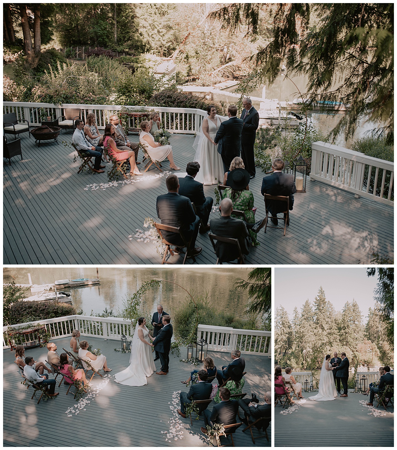 small wedding ceremony on porch watching bride and groom say i do, bainbridge island wedding photographer