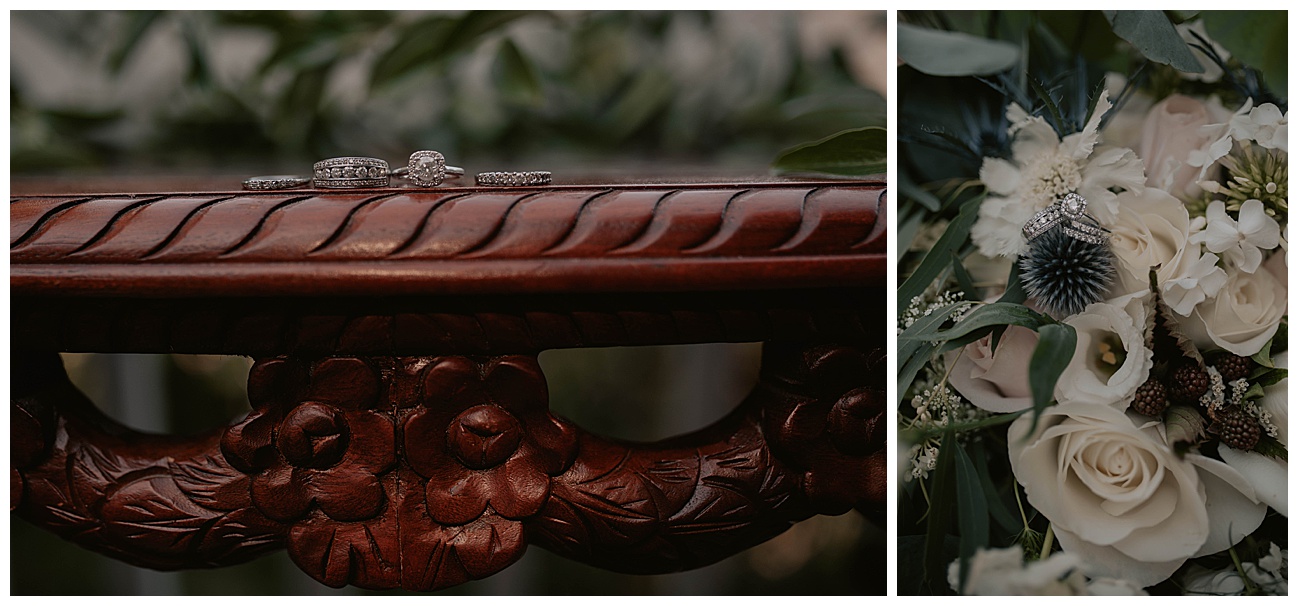brides wedding rings in her all white floral bouquet