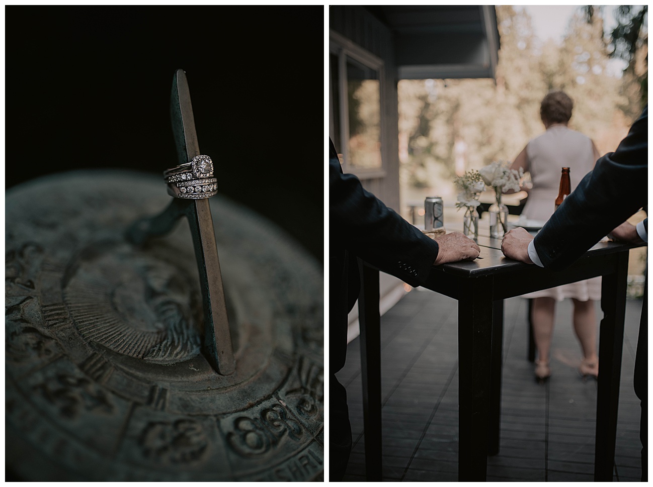 brides wedding rings on outdoor clock at bainbridge island air bnb