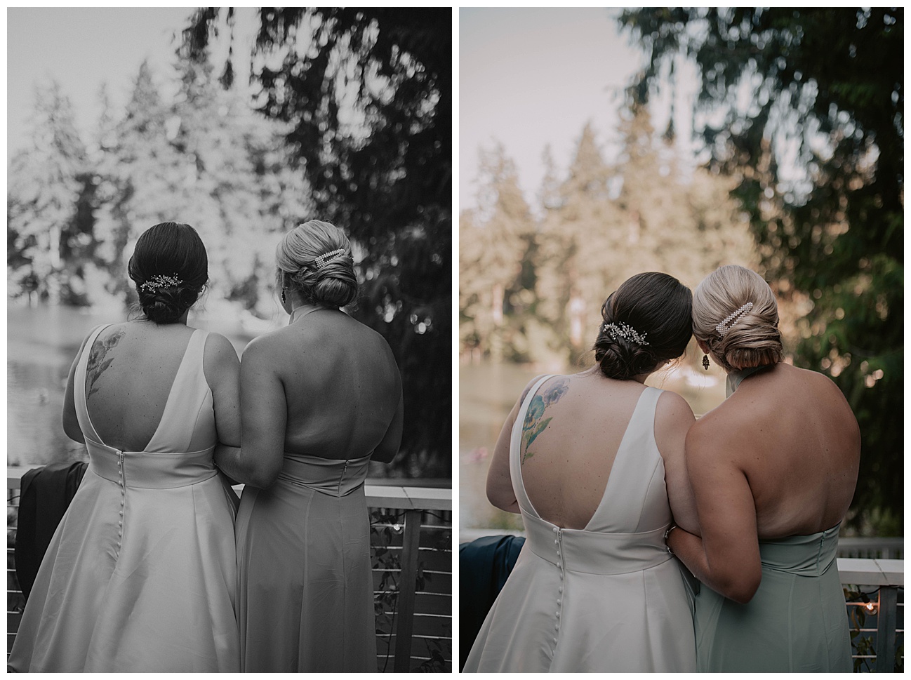 bride and sister with heads together on wedding day