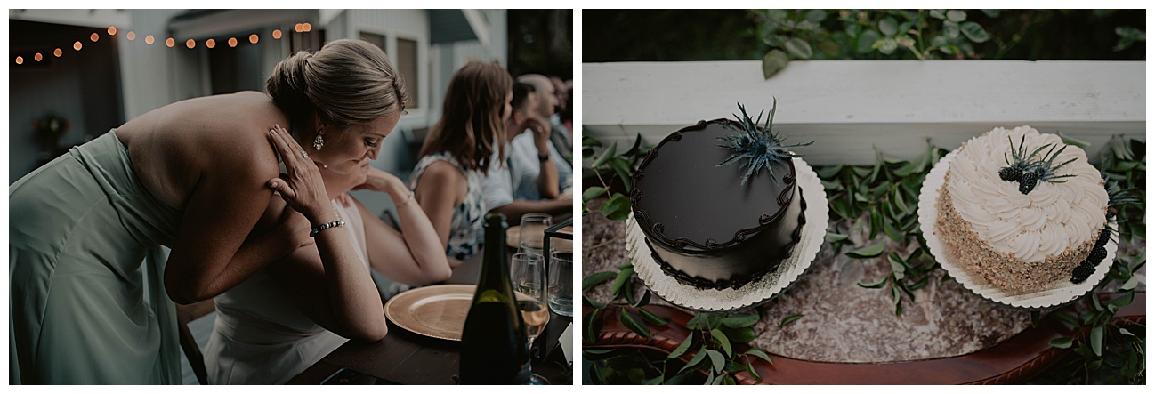 two wedding cakes sitting on table at wedding reception