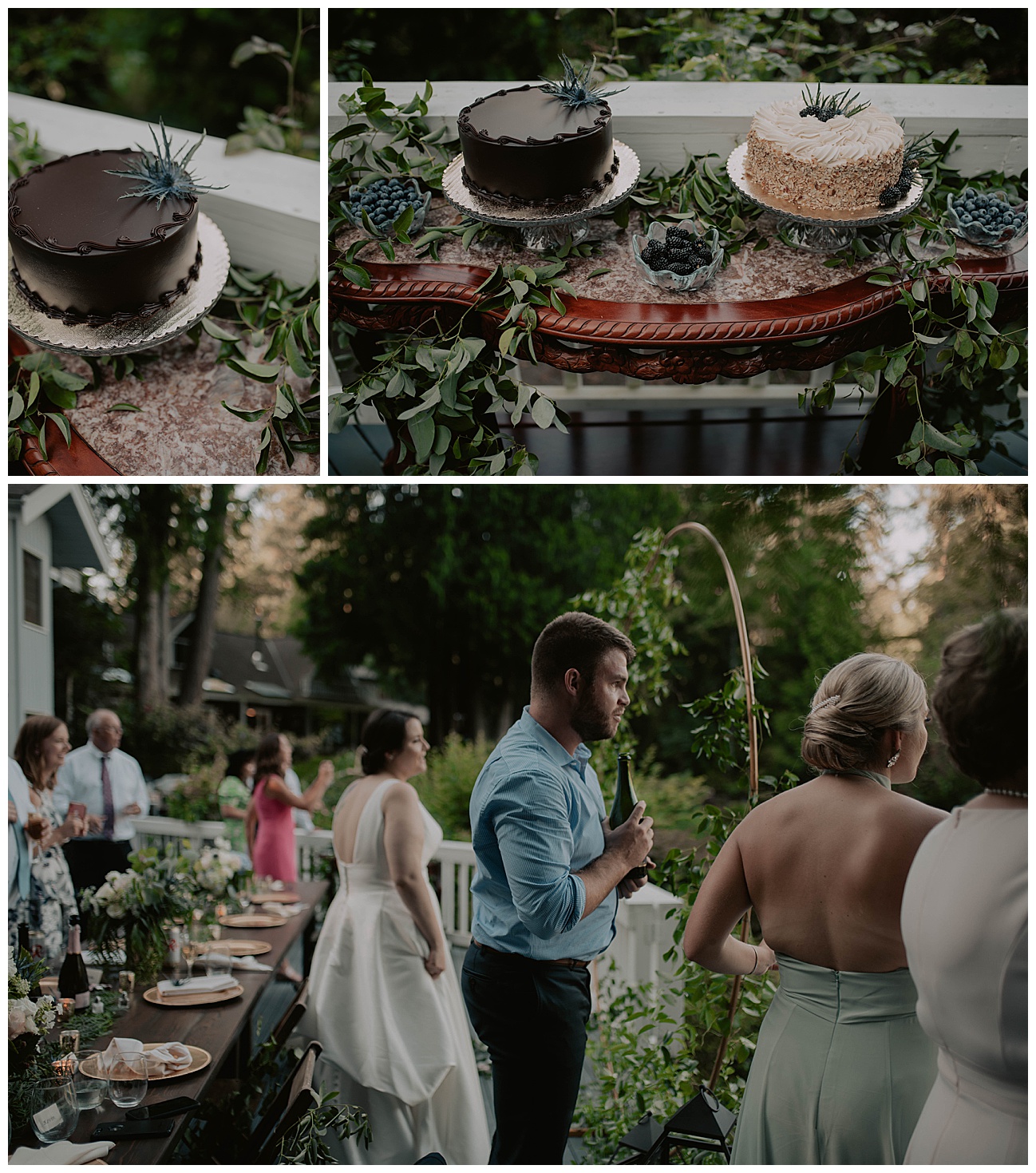 wedding day cakes on table with decorated greenery
