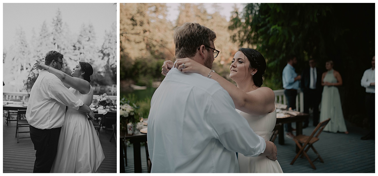 bride and groom first dance on back porch