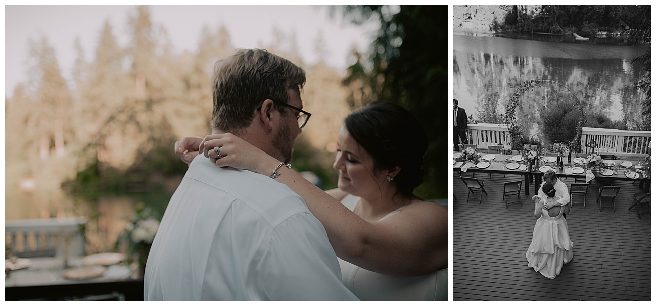 bride and groom first dance on back porch with river behind them