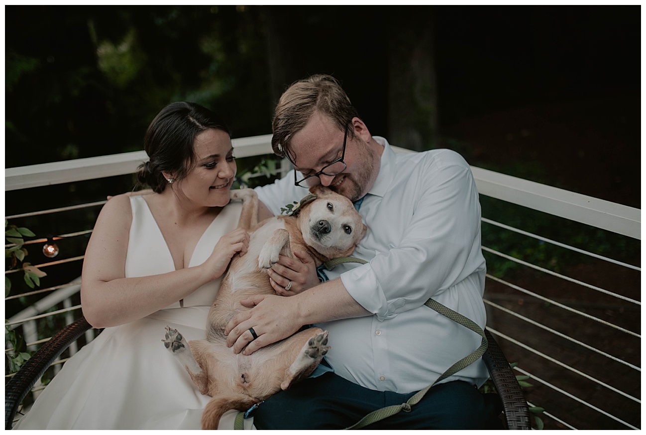 bride and groom with their dog on their wedding day