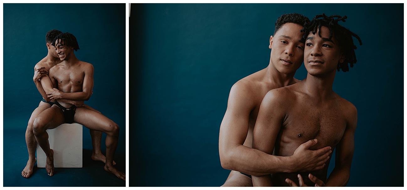 couple boudoir posing in studio 