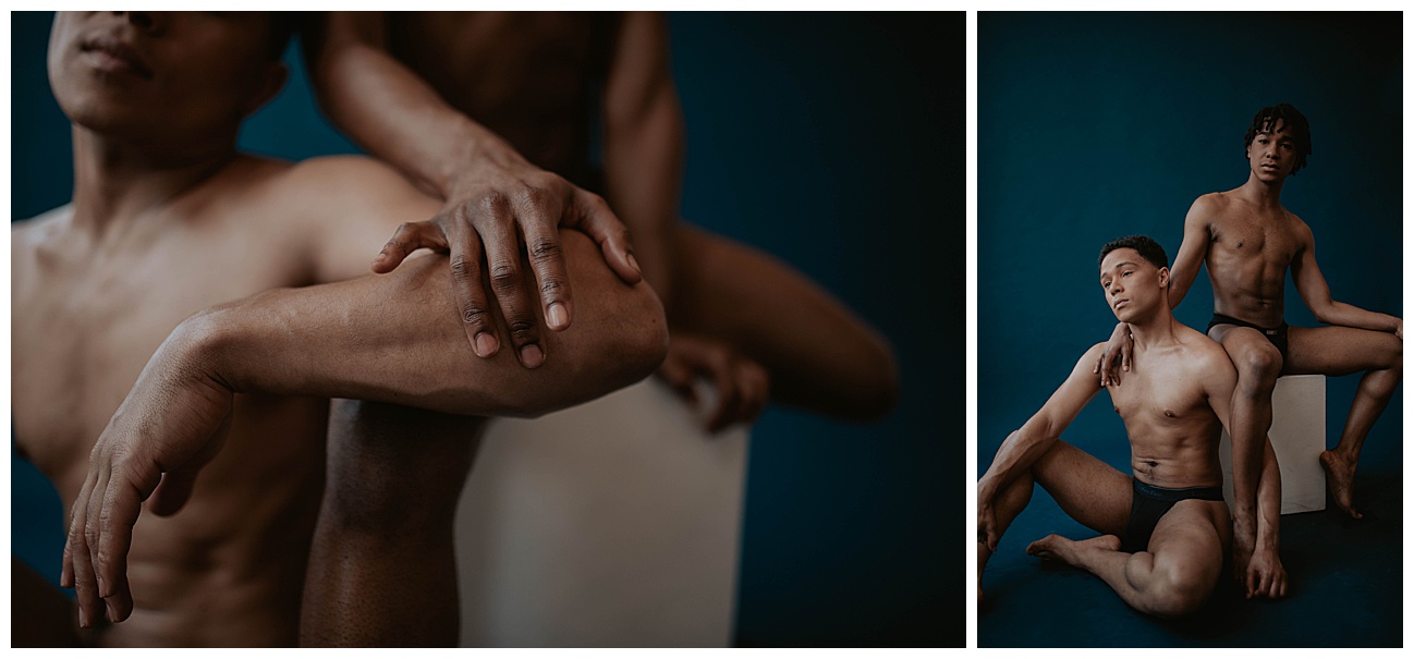 couple posing on chair in studio, blue photo backdrop