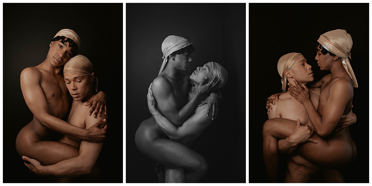 gay couple posing for boudoir photos, lgbtq couple in durag