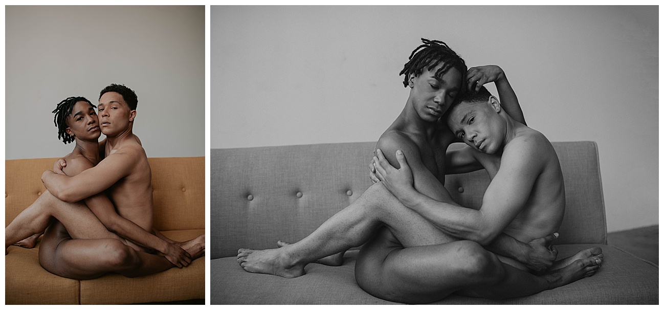 gay couple posing at seattle studio