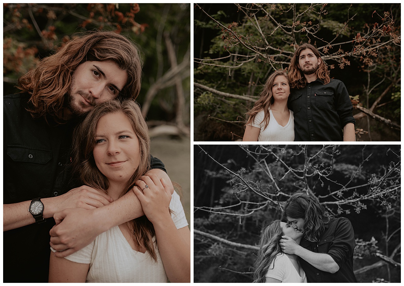 PNW foliage on beach, engaged sommeliers, 