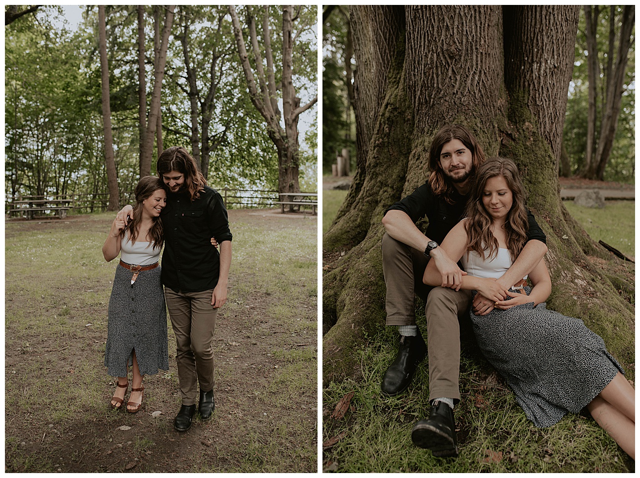 couple sitting at foot of a tree