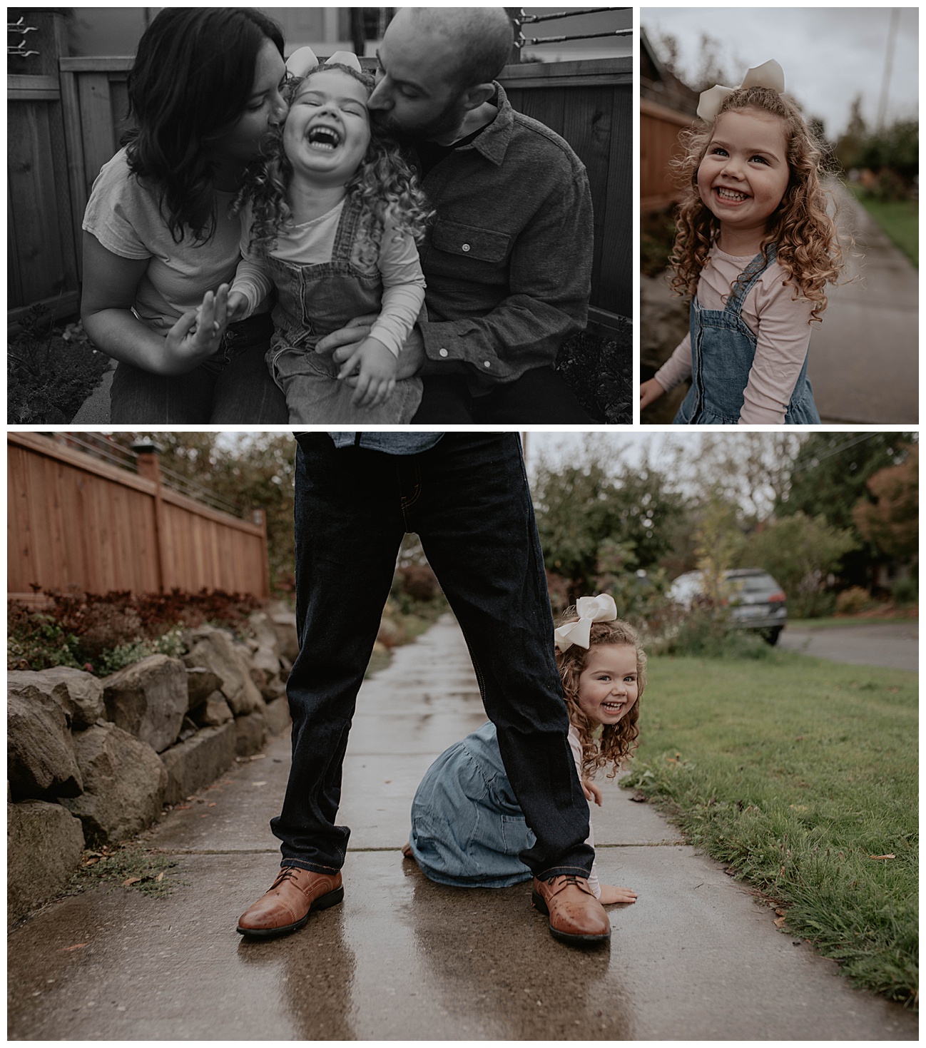 family of three at home on sidewalk