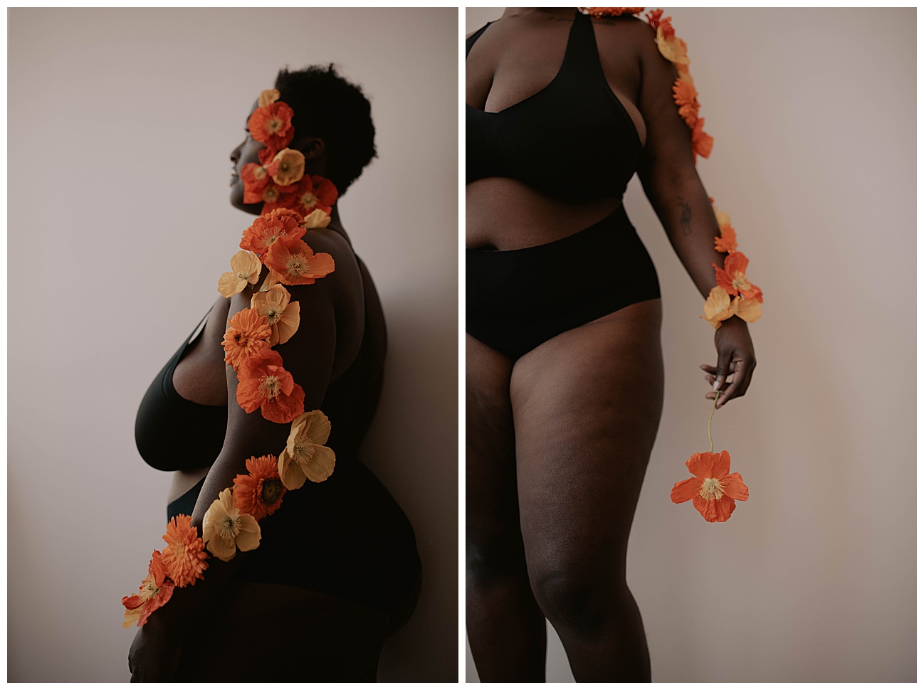 orange flowers on melanin skin