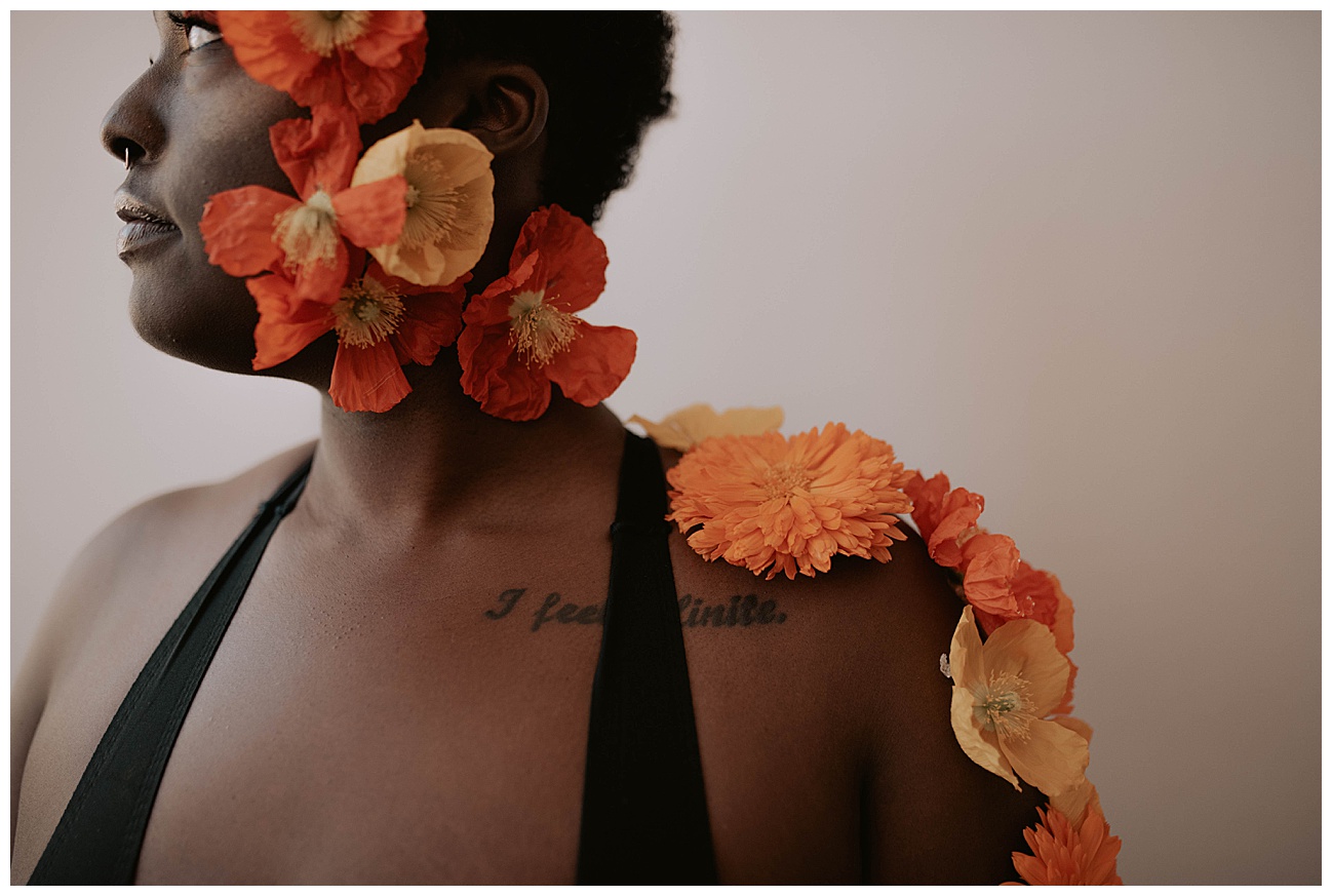 i feel infinite tattoo, styled boudoir session in seattle studio