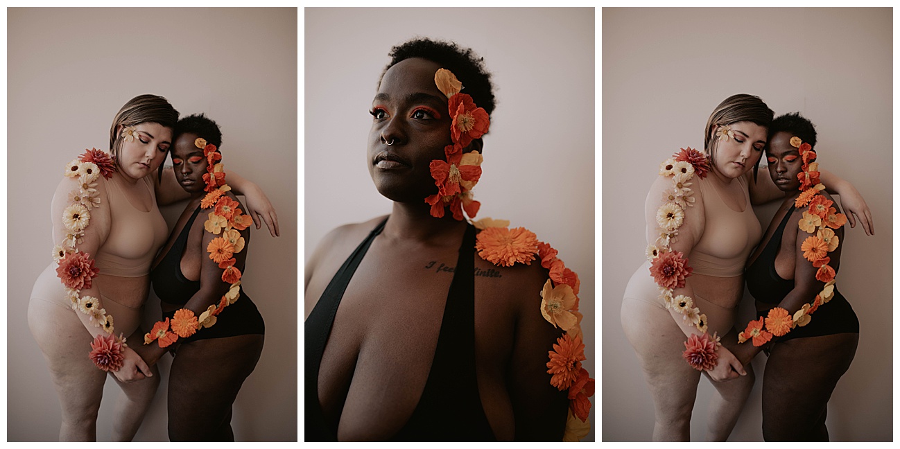 two models covered in flowers in nude underwear 