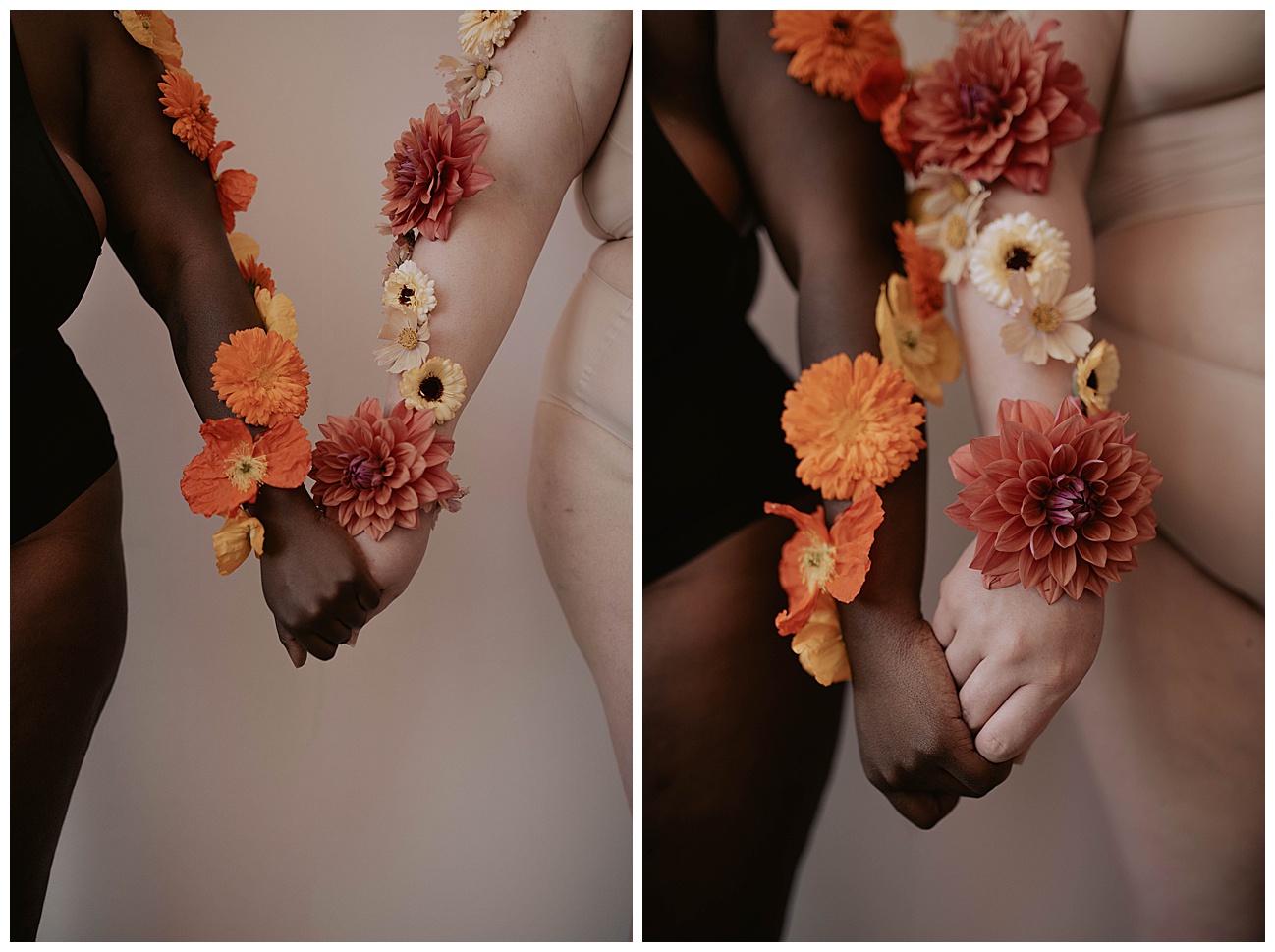 flowers on models, boudoir posing wearing nude underwear