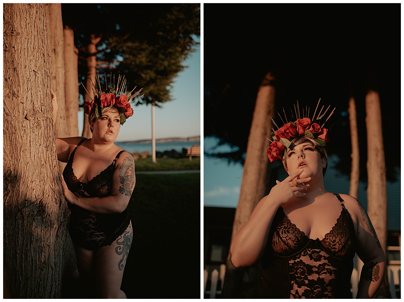 tattooed woman in black lace lingerie posing in golden hour light on beach