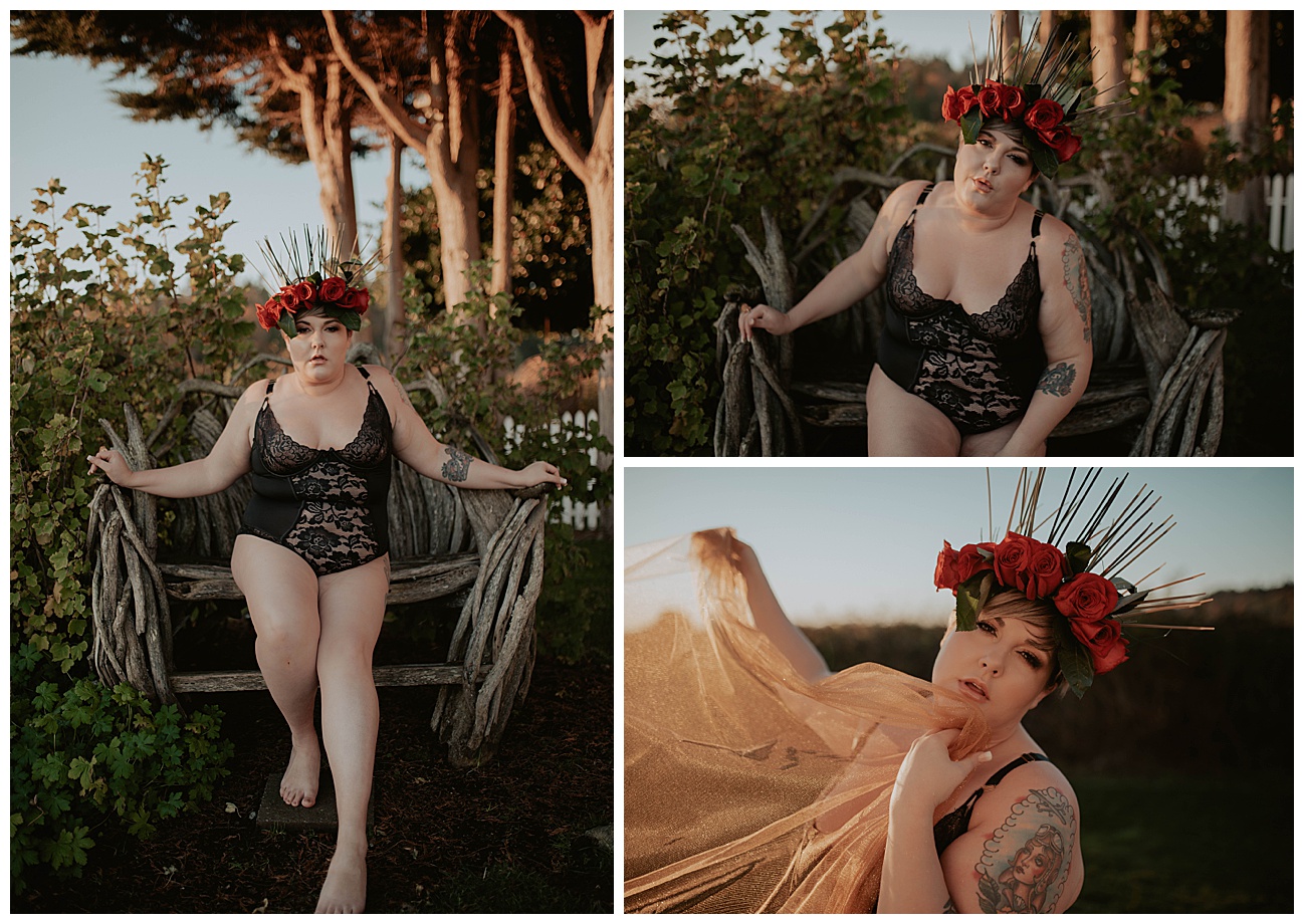 tattooed woman sitting on homemade wooden bench wearing a red rose flower crown