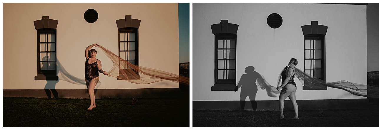 woman posing with fabric in front of lighthouse on Washington coast