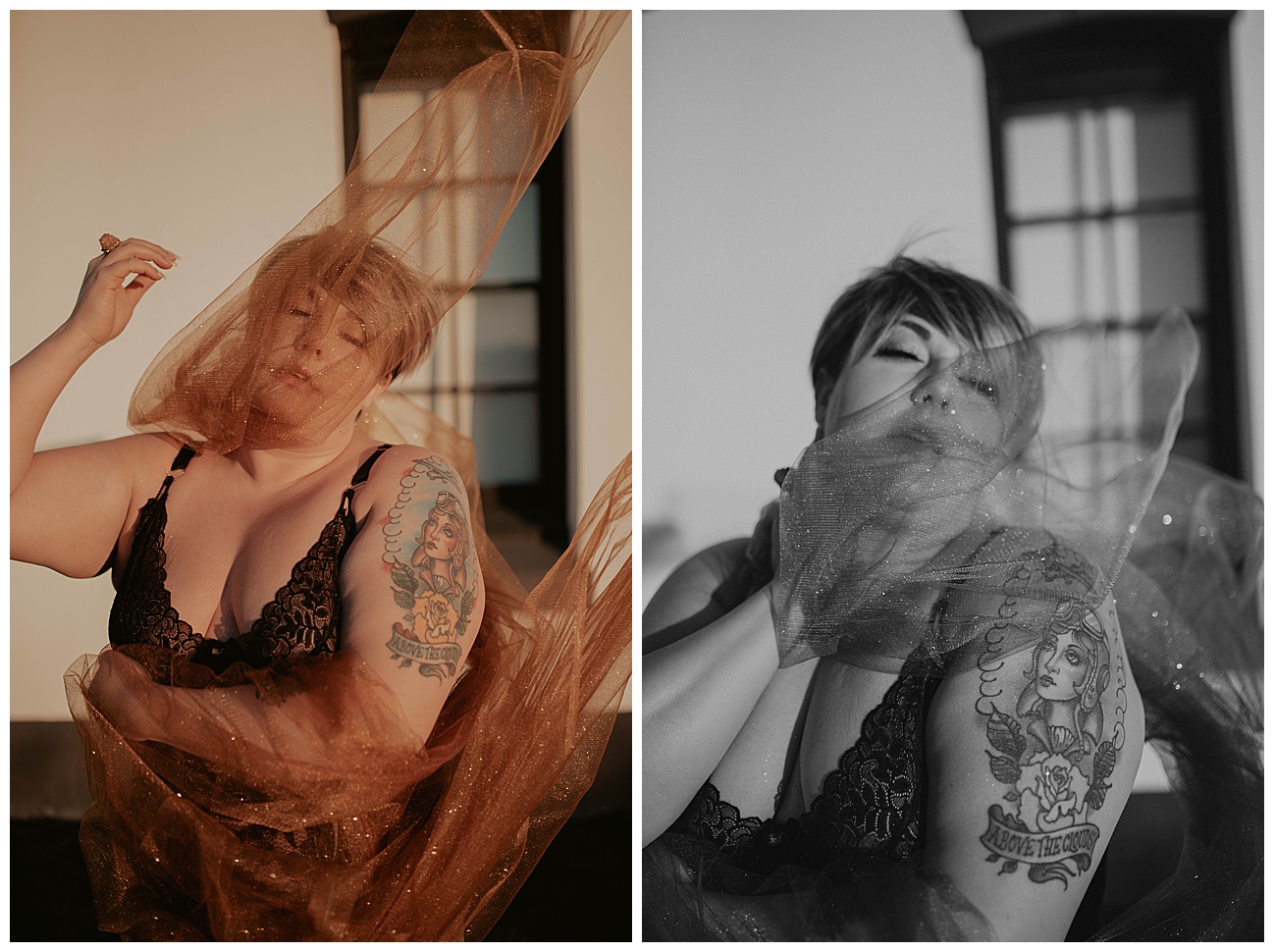 woman posing with flowing fabric by lighthouse 