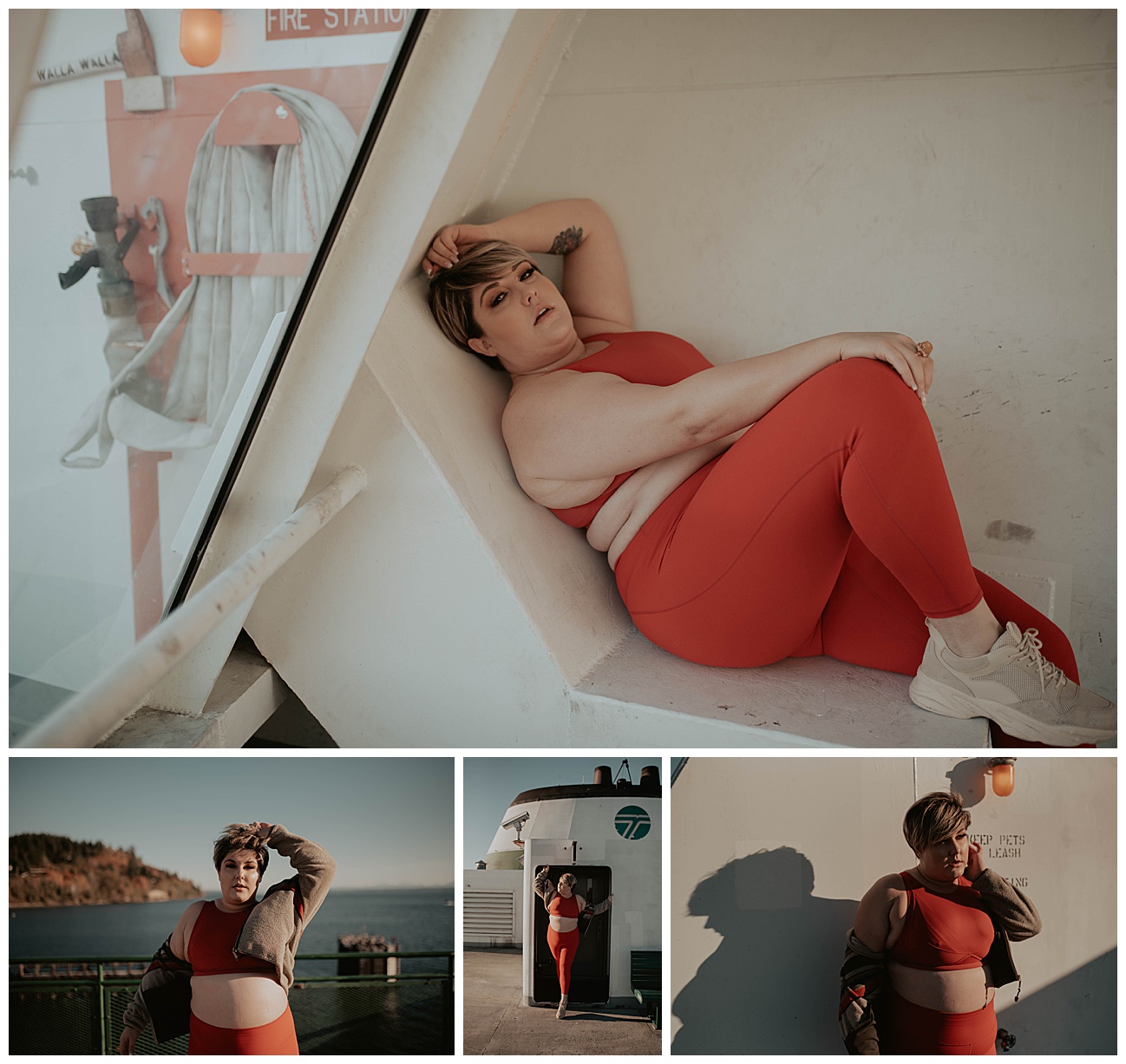 woman in red workout outfit posing on wa state ferries 