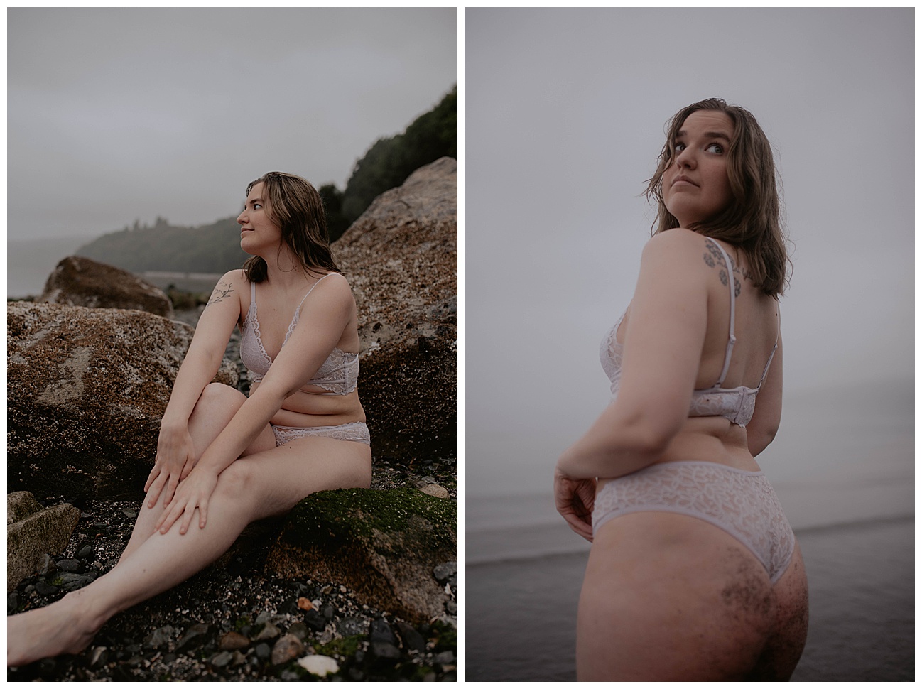 woman posing on rocks by oceans on foggy morning in Edmonds, WA.