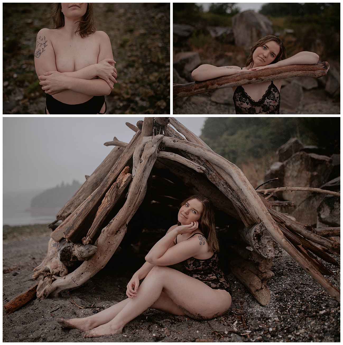 woman sitting under wooden structure on beach in Edmonds, WA
