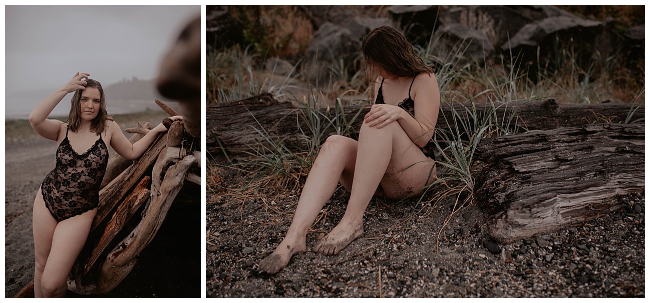 boudoir posing on the beach in the rain