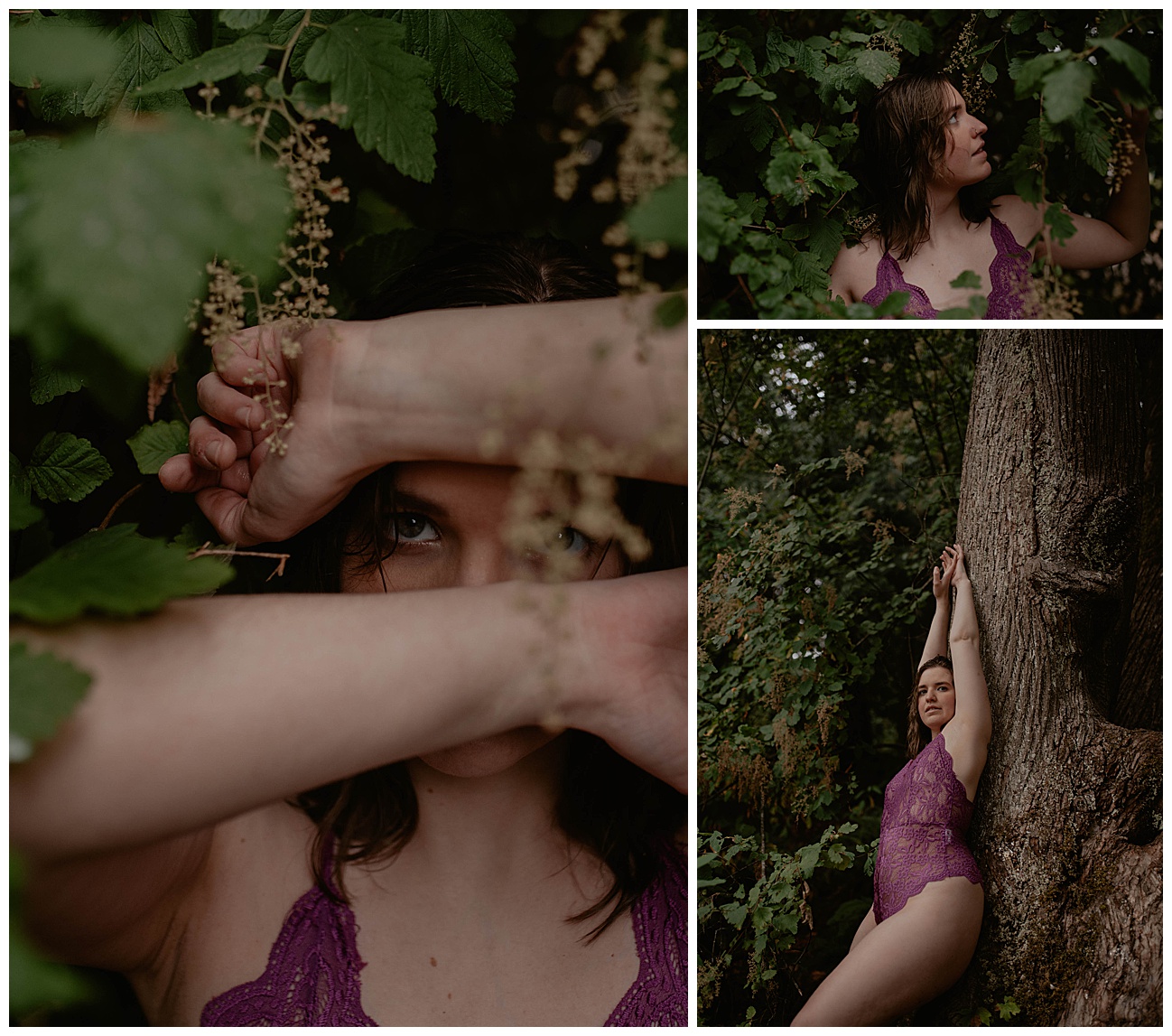 woman in purple lingerie posing in front of trees in the rain