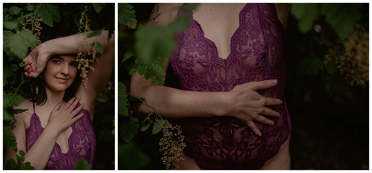 a woman in purple lace lingerie with rich green leaves surrounding her