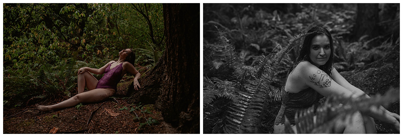 woman sitting on forest floor in the rain surrounded by ferns