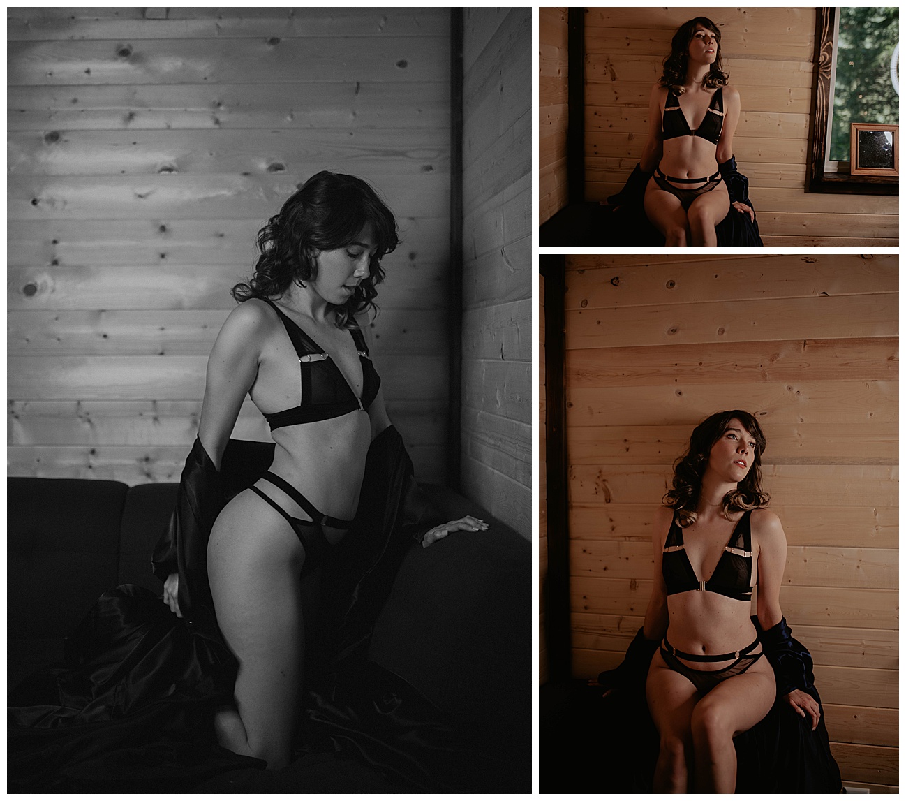woman posing in black lingerie in cabin in the woods 