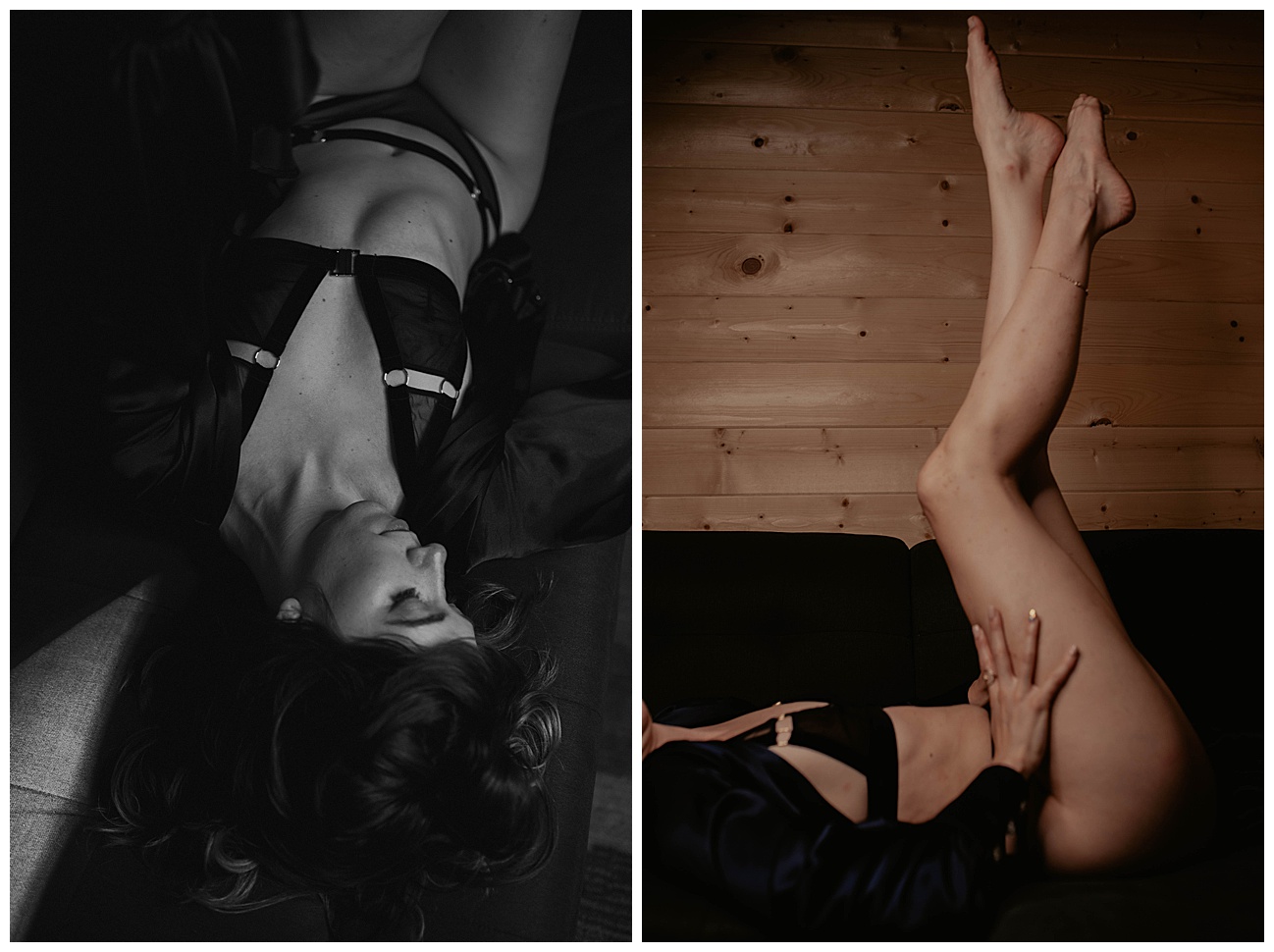 woman in black lingerie posing on couch with legs up in the air