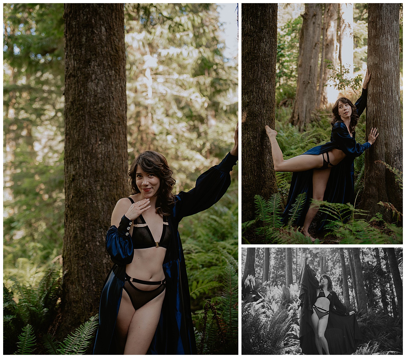 woman posing in forest wearing black lingerie and navy blue Catherine d lish robe