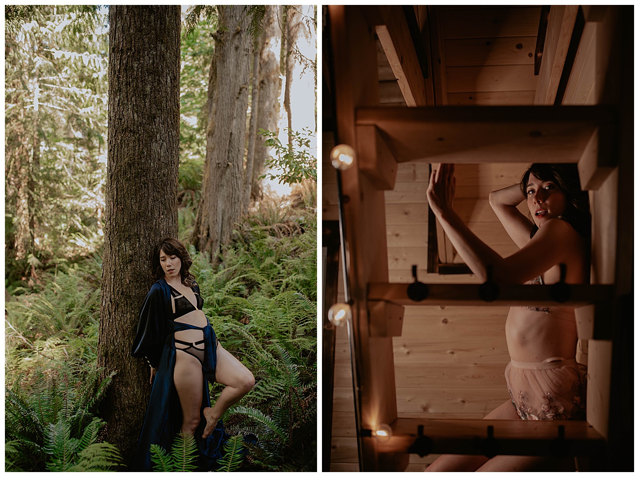 woman posing against tree in fern forest 