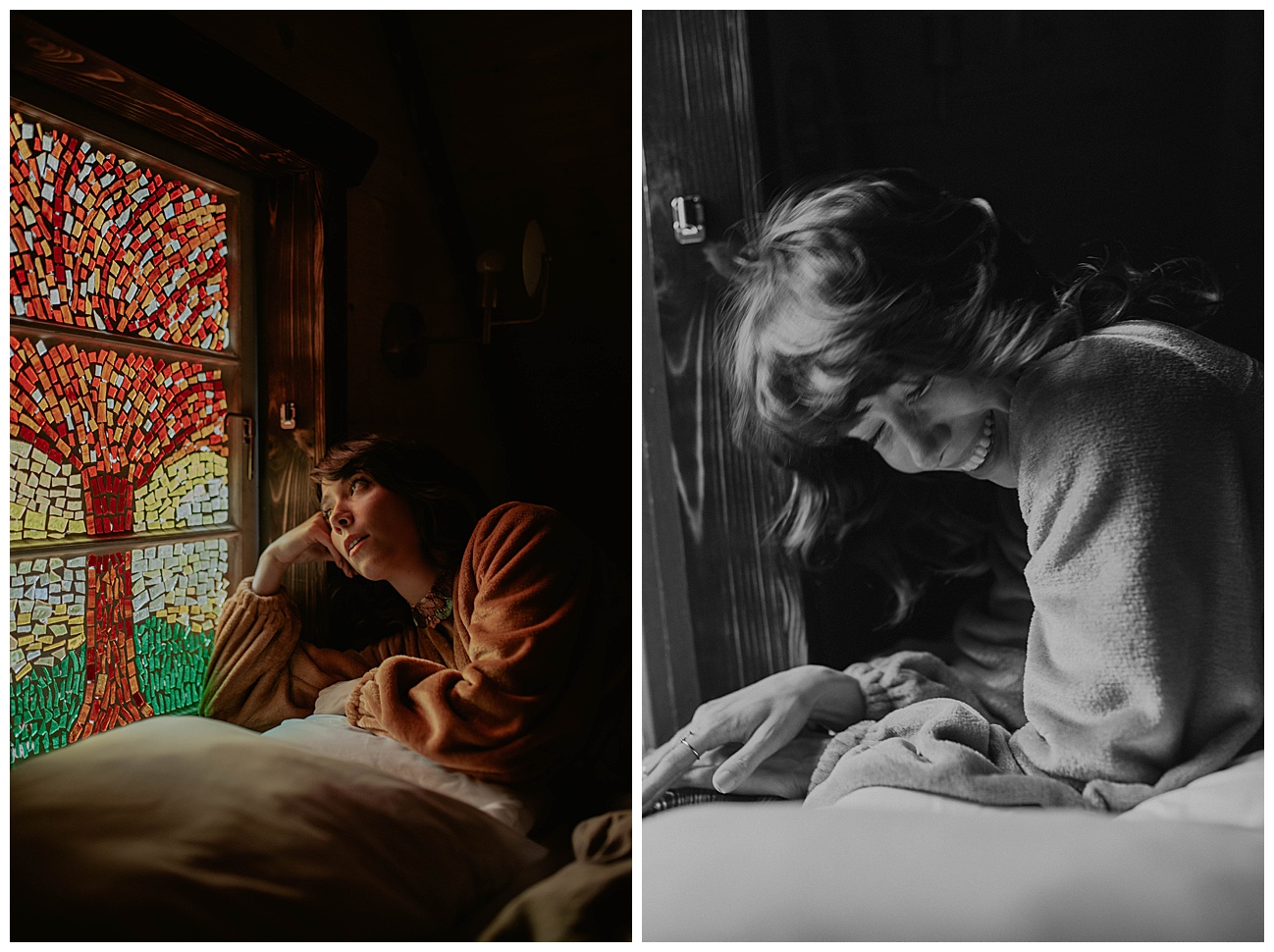 woman in rust orange robe posing by stained glass tree in cabin