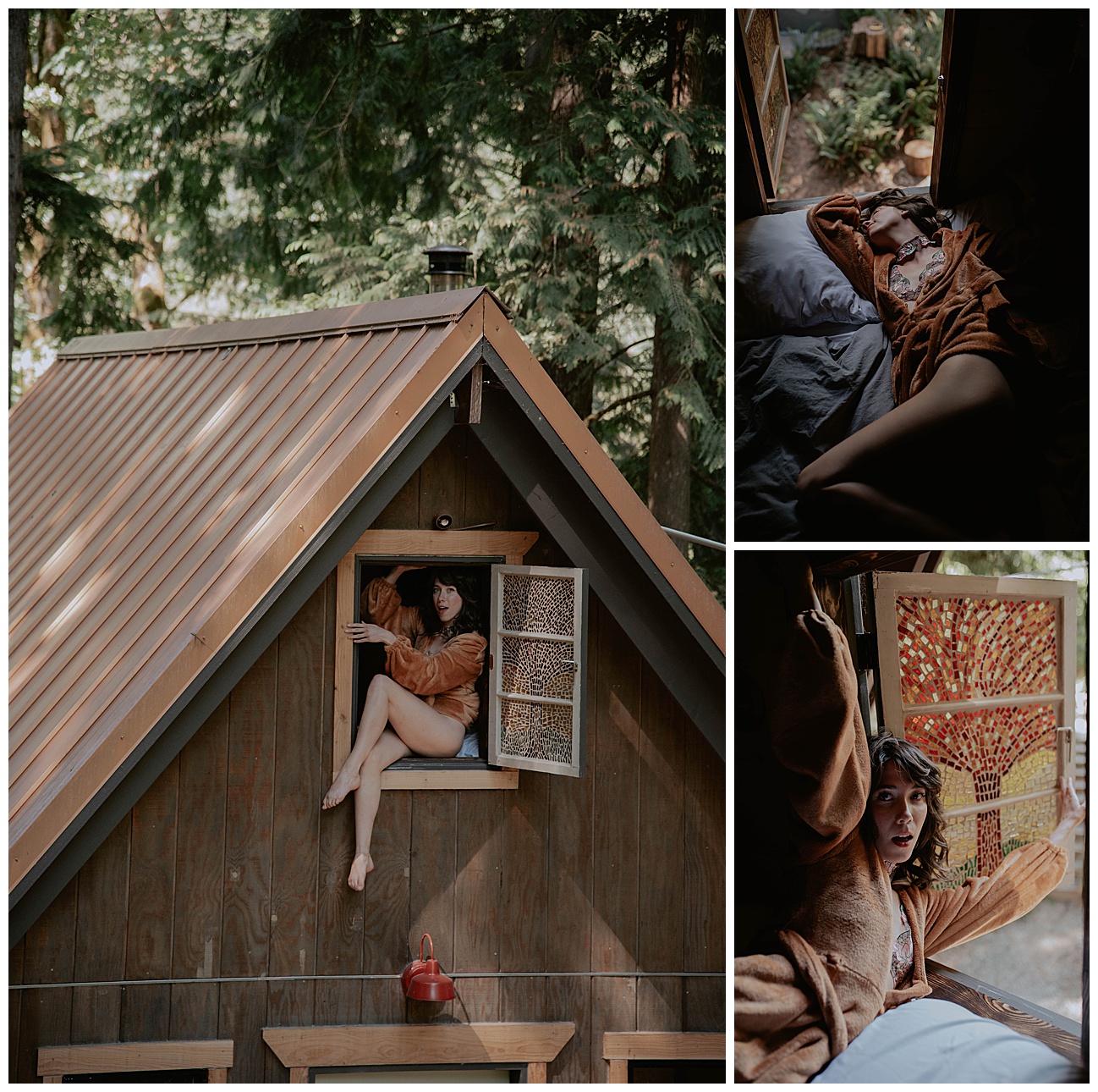 woman sitting in windowsill of log cabin in PNW
