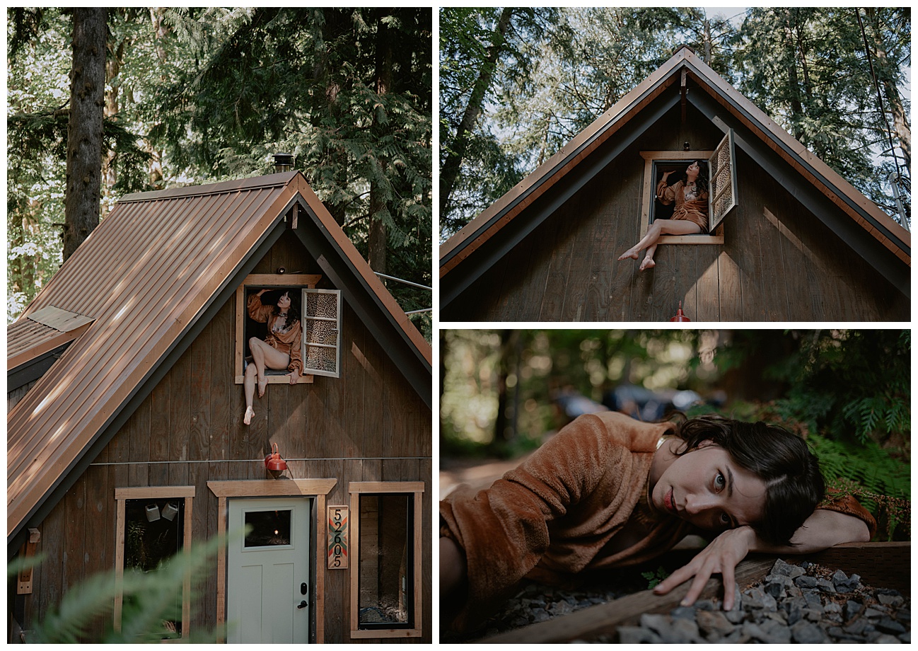 woman sitting outside of top floor window wearing pink lingerie and an orange robe