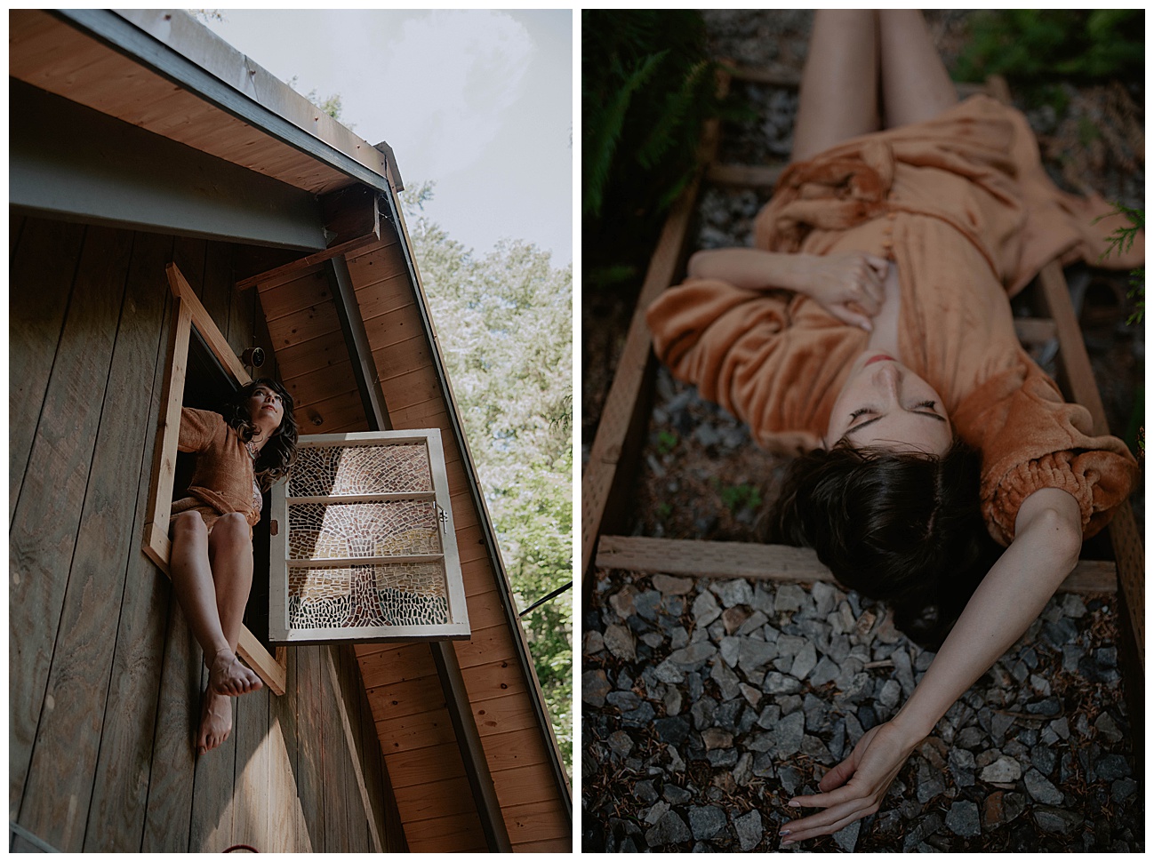 woman lying on ground in orange catherine d lish robe