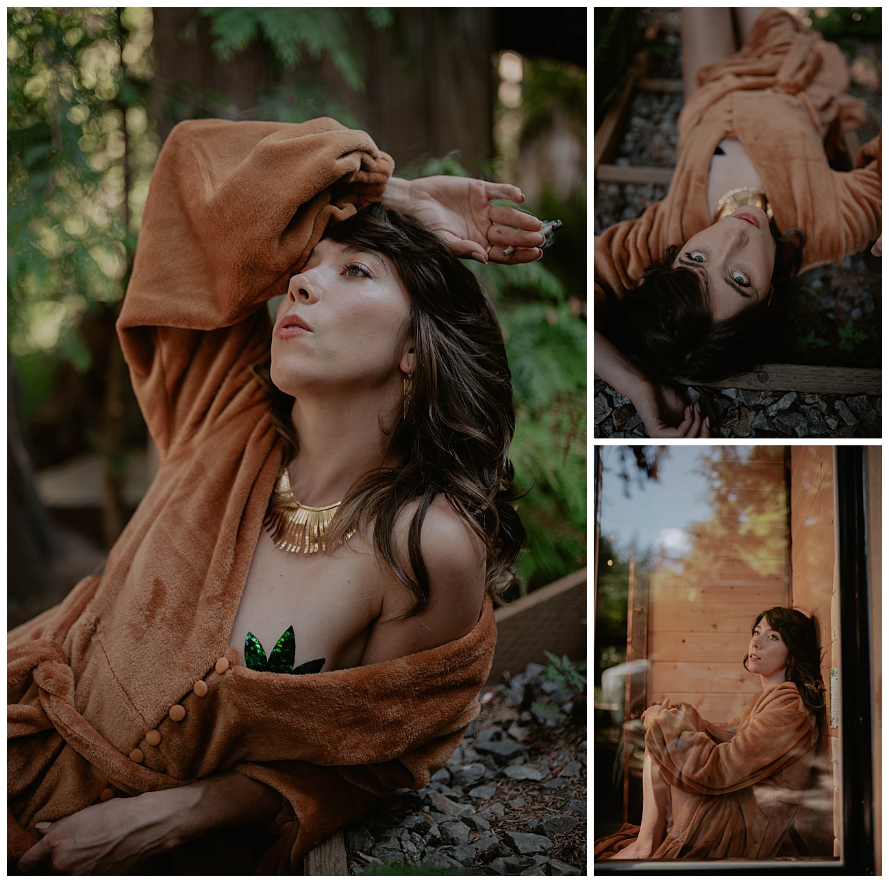 woman in orange robe wearing weed pasties smoking weed