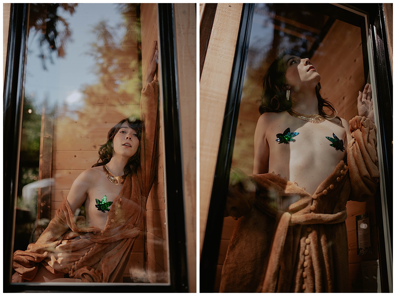 woman in cabin wearing green sparkly weed pasties in catherine d lish robe