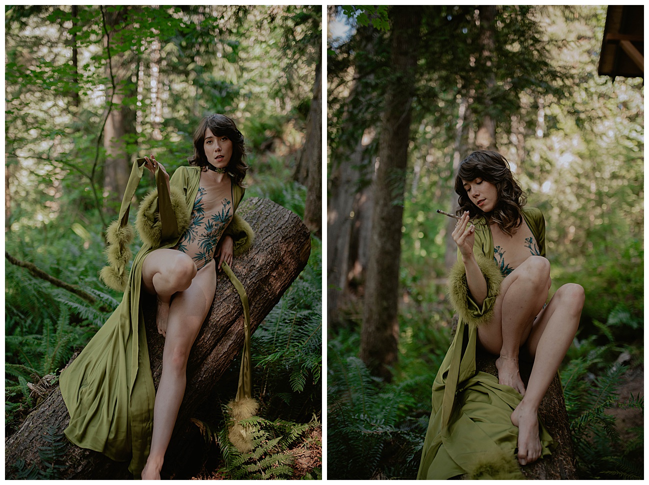 woman in thistle and spire weed lingerie and robe sitting on log smoking a joint in Catherine d lish robe